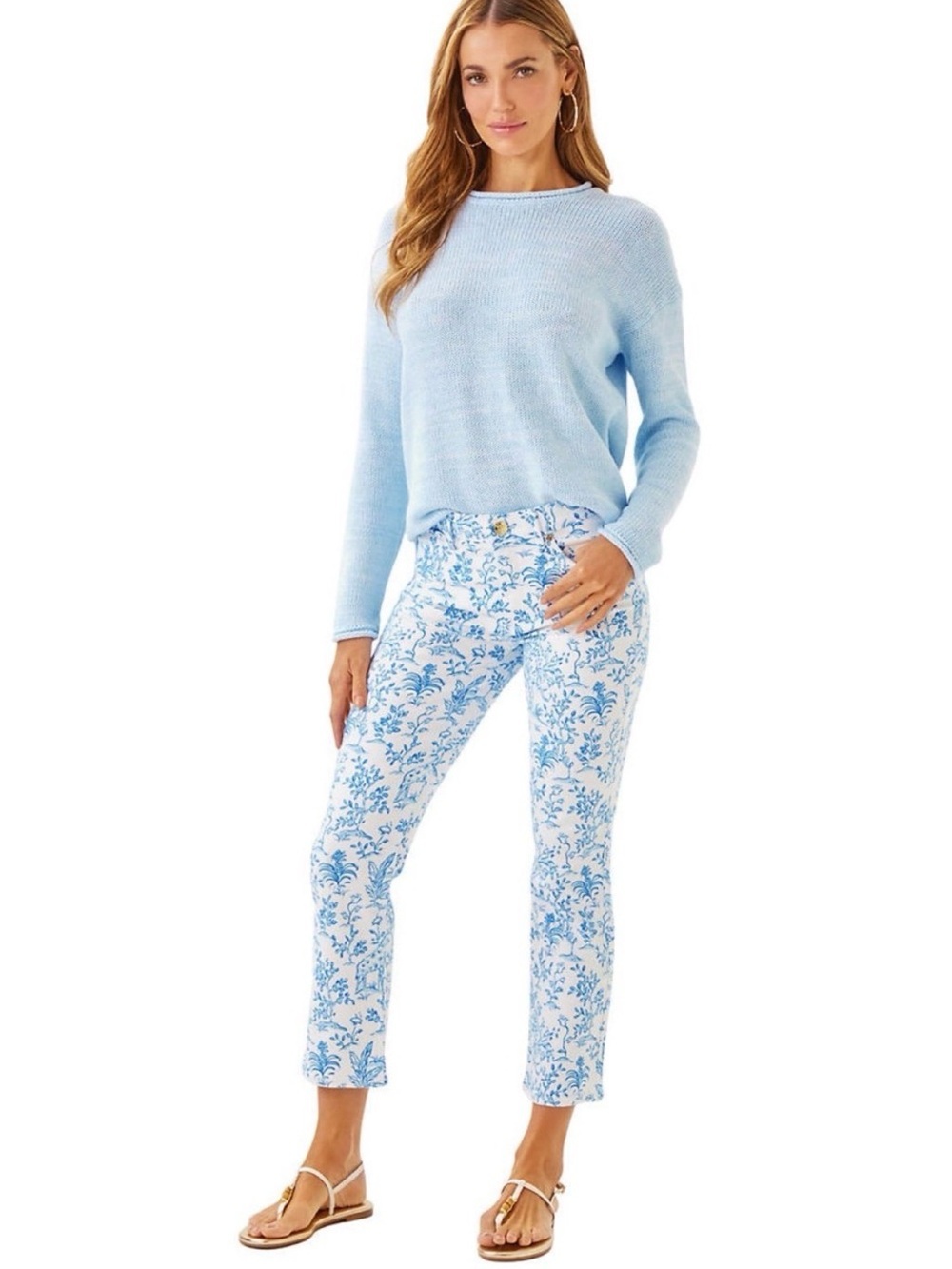 Lilly Pulitzer Blue White Toile Print Cropped Straight Leg Jeans Size 0